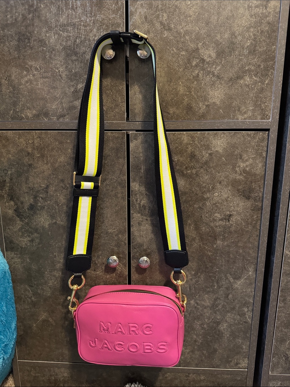 Marc Jacobs Hot Pink Leather Camera Crossbody with Striped Strap In Excellent C
